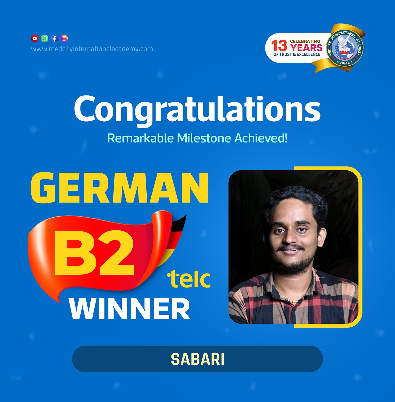 Medcity International Academy German B2 TELC success banner featuring Sabari celebrating successful completion of the German B2 TELC Examination. The banner highlights expert German language training for students preparing for higher education, Ausbildung programs, nursing careers, and employment opportunities in Germany.