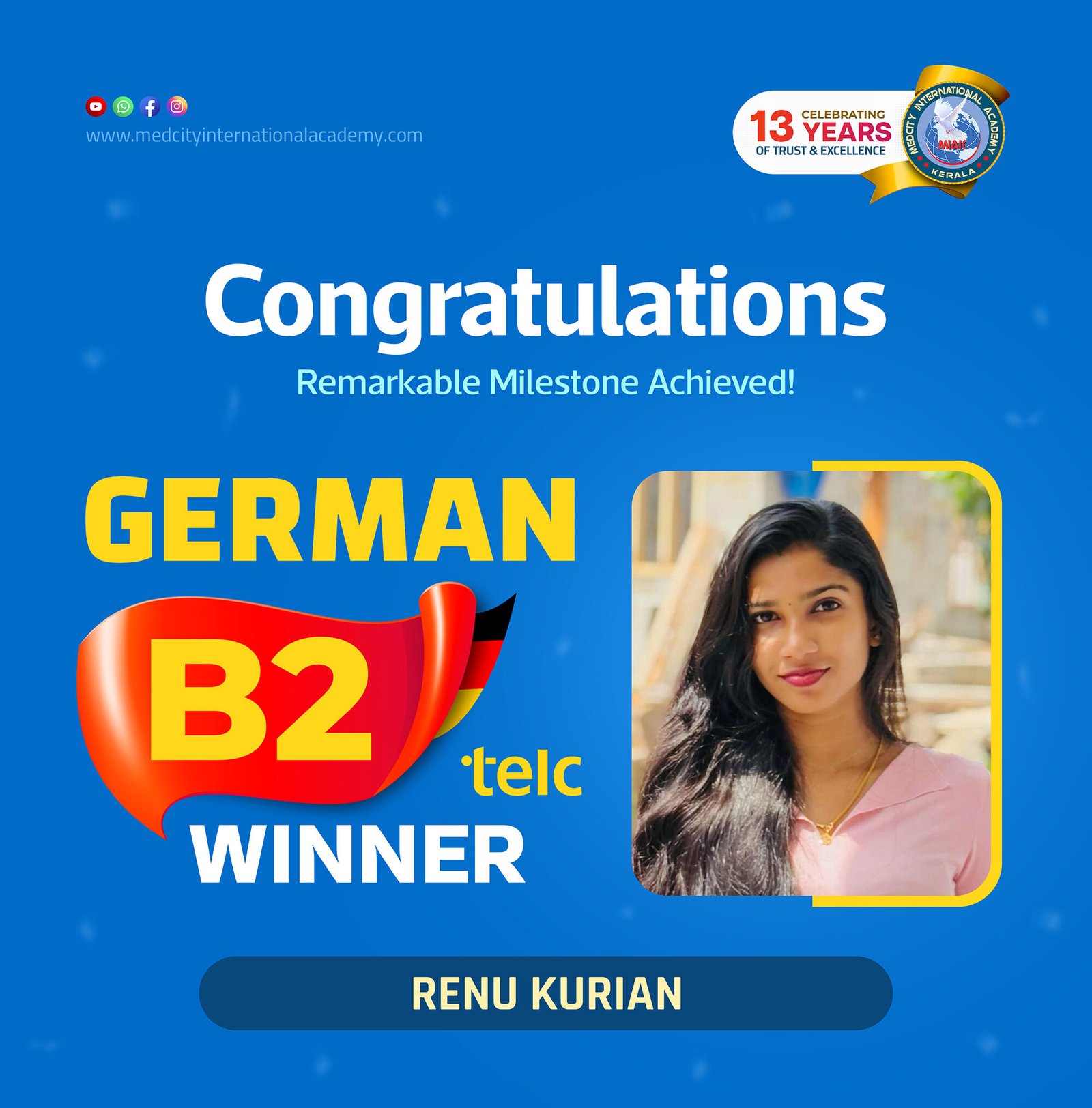 Medcity International Academy German B2 TELC success banner featuring Renu Kurian celebrating successful completion of the German B2 TELC Examination. The banner highlights expert German language training for students preparing for higher education, Ausbildung programs, nursing careers, and employment opportunities in Germany.
