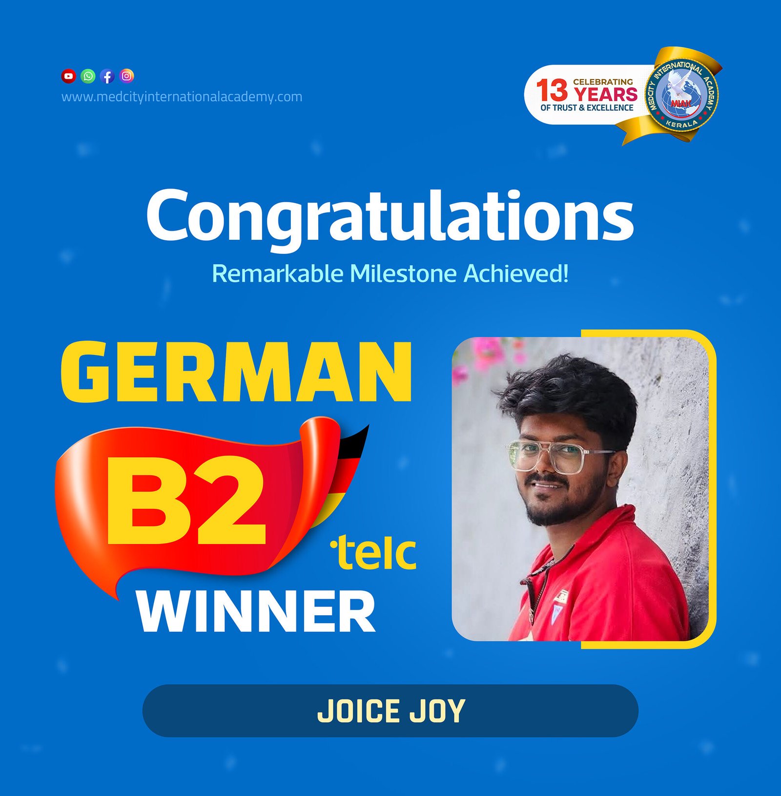 Medcity International Academy German B2 TELC success banner featuring Joice Joy celebrating successful completion of the German B2 TELC Examination. The banner highlights expert German language training for students preparing for higher education, Ausbildung programs, nursing careers, and employment opportunities in Germany.