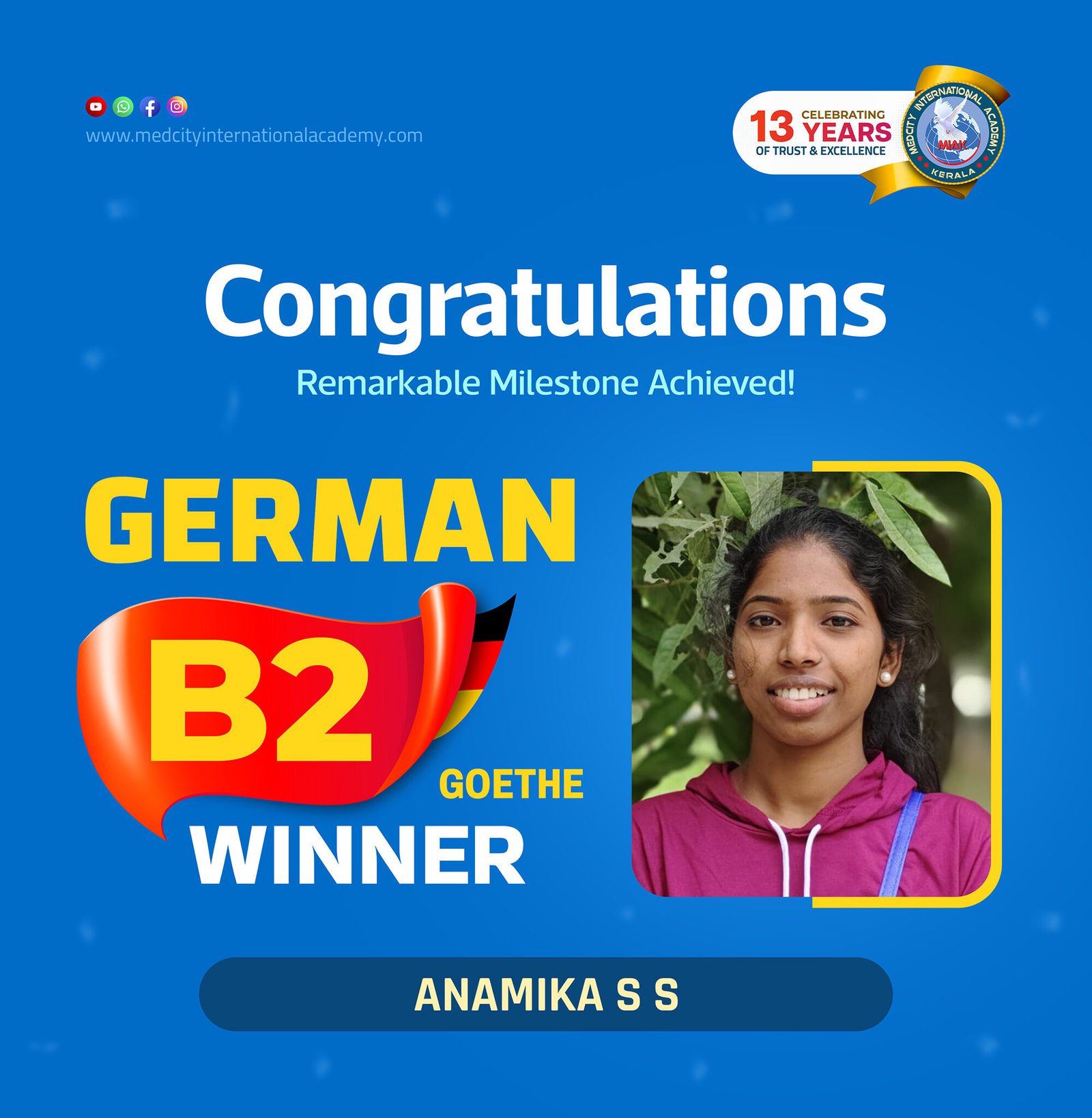 Medcity International Academy German B2 Goethe success banner featuring Anamika S S celebrating successful completion of the German B2 Goethe Examination. The banner highlights expert German language training for students preparing for higher education, Ausbildung programs, nursing careers, and employment opportunities in Germany.