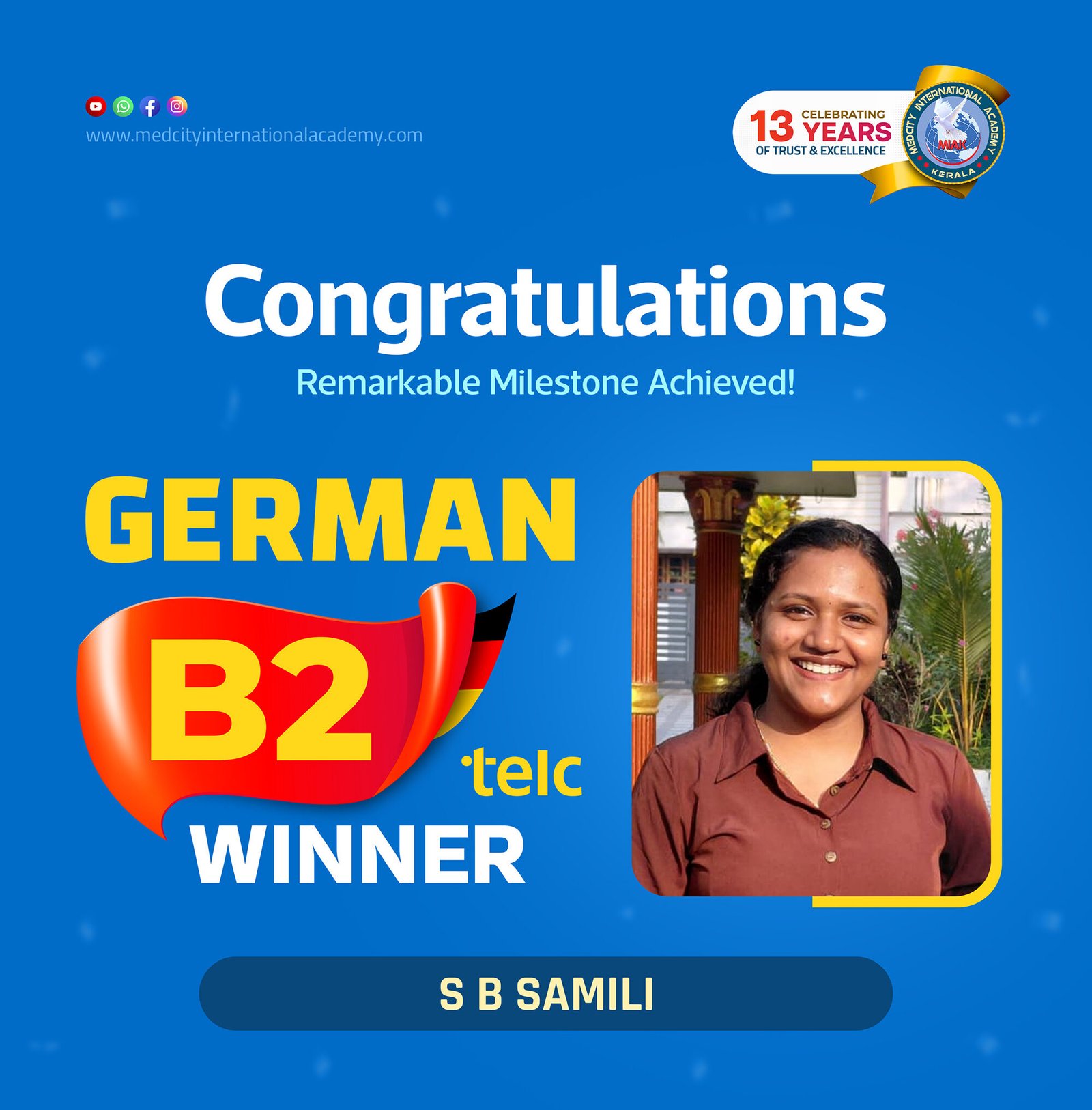 Medcity International Academy German B2 TELC success banner featuring S B Samili celebrating successful completion of the German B2 TELC Examination. The banner highlights expert German language training for students preparing for higher education, Ausbildung programs, nursing careers, and employment opportunities in Germany.