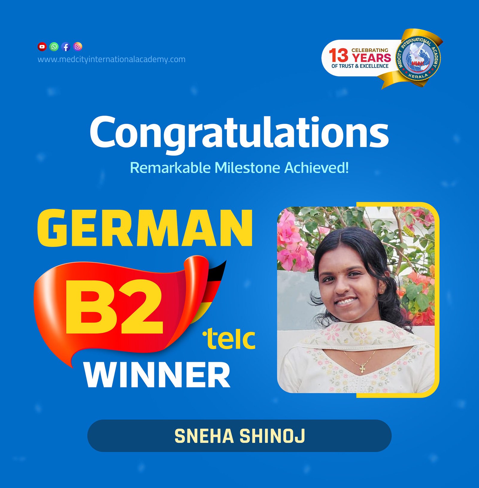 Medcity International Academy German B2 TELC success banner featuring Sneha Shinoj celebrating successful completion of the German B2 TELC Examination. The banner highlights expert German language training for students preparing for higher education, Ausbildung programs, nursing careers, and employment opportunities in Germany.