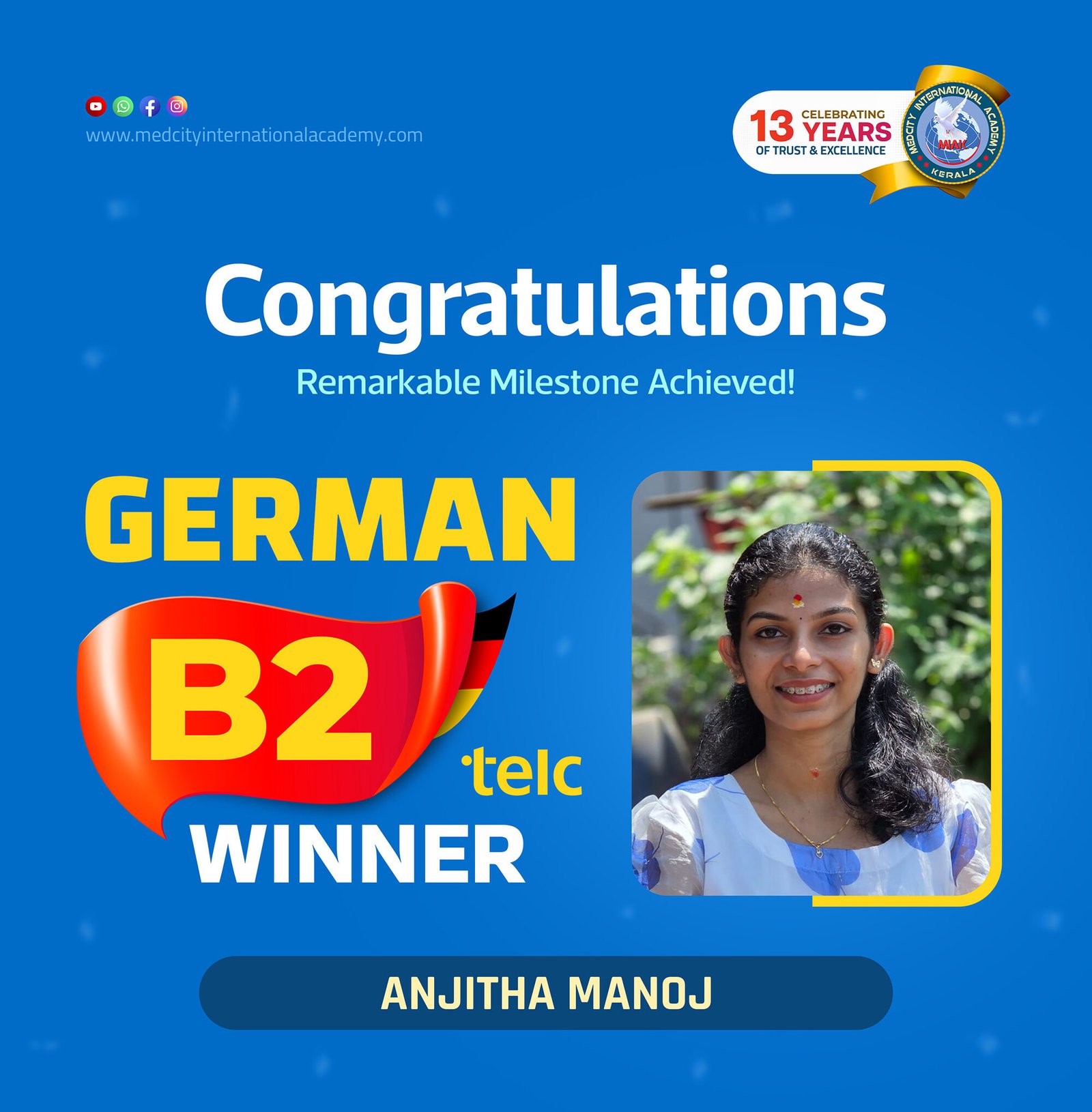 Medcity International Academy German B2 TELC success banner featuring Anjitha Manoj celebrating successful completion of the German B2 TELC Examination. The banner highlights expert German language training for students preparing for higher education, Ausbildung programs, nursing careers, and employment opportunities in Germany.