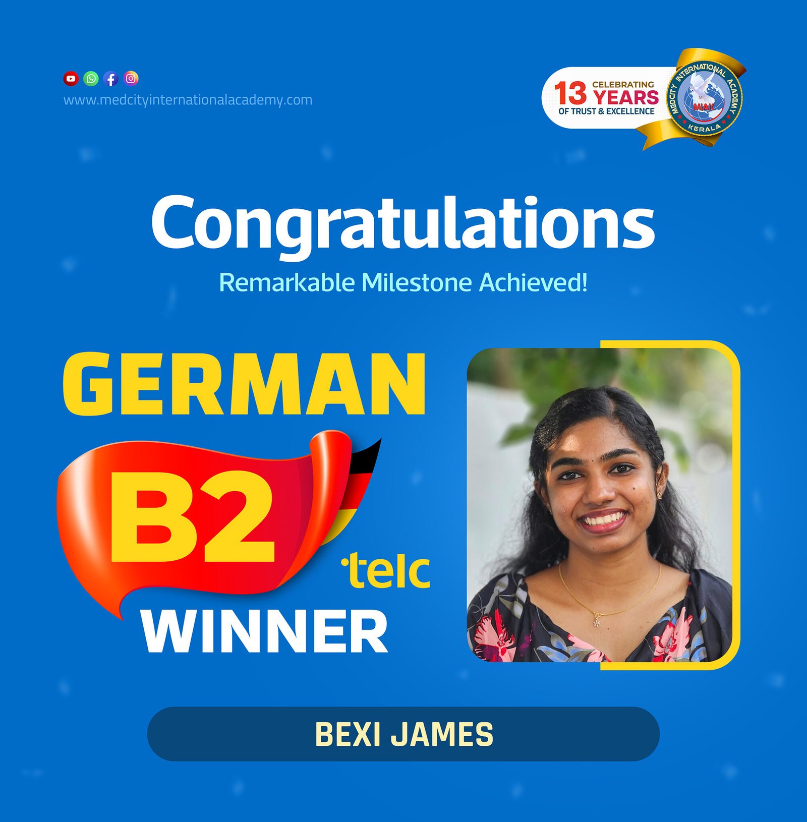 Medcity International Academy German B2 TELC success banner featuring Bexi James celebrating successful completion of the German B2 TELC Examination. The banner highlights expert German language training for students preparing for higher education, Ausbildung programs, nursing careers, and employment opportunities in Germany.