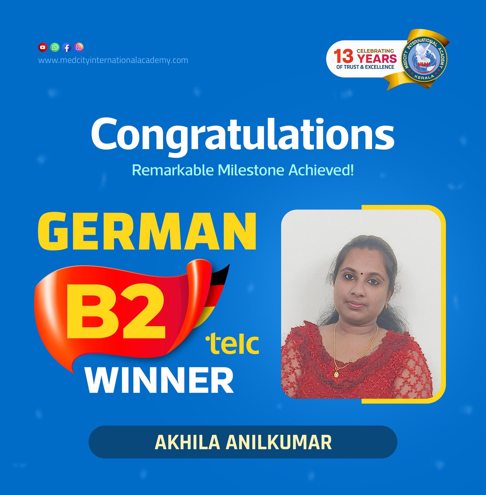 Medcity International Academy German B2 TELC success banner featuring Akhila Anilkumar celebrating successful completion of the German B2 TELC Examination. The banner highlights expert German language training for students preparing for higher education, Ausbildung programs, nursing careers, and employment opportunities in Germany.