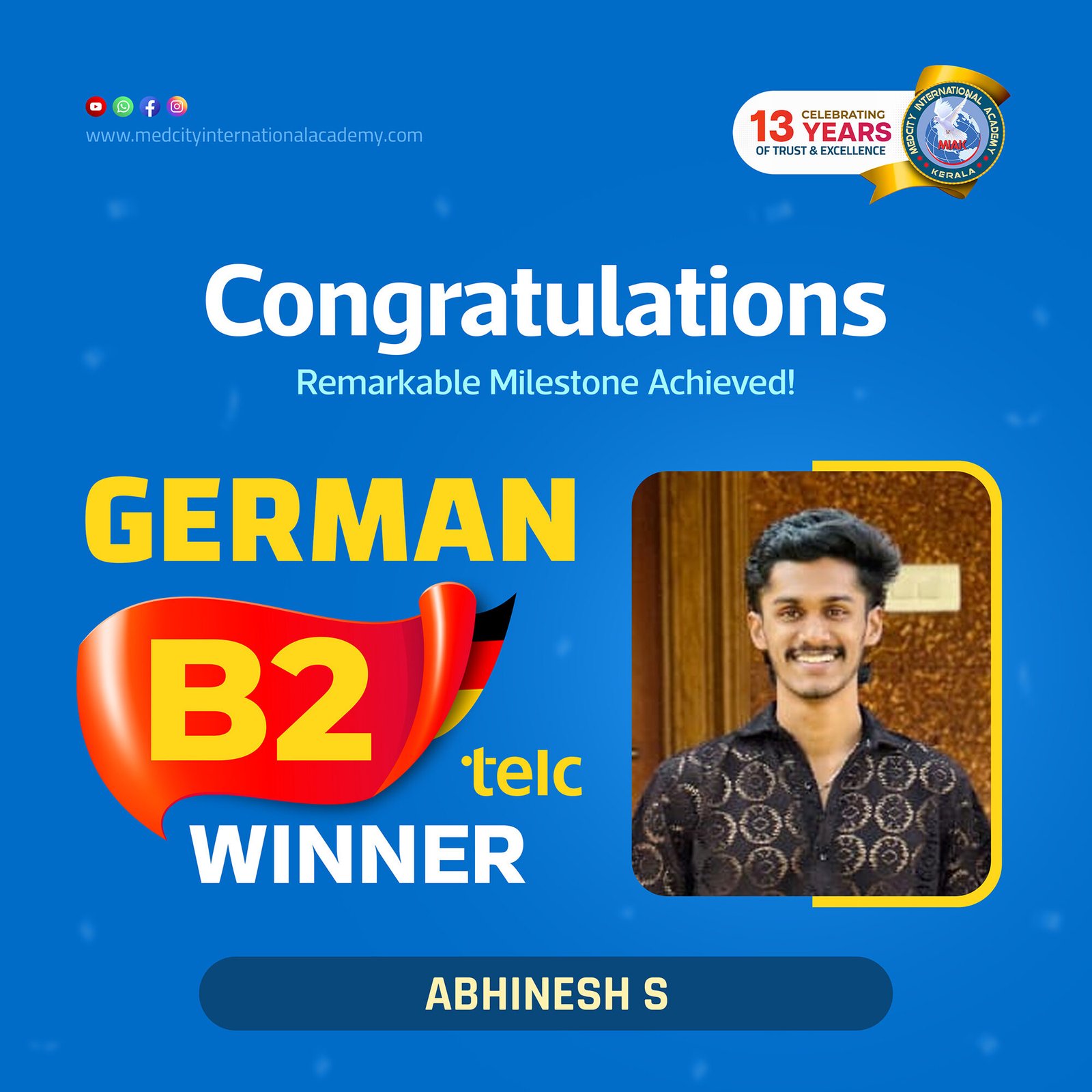 Medcity International Academy German B2 TELC success banner featuring Abhinesh S celebrating successful completion of the German B2 TELC Examination. The banner highlights expert German language training for students and professionals preparing for higher education, Ausbildung, nursing careers, and career opportunities in Germany.