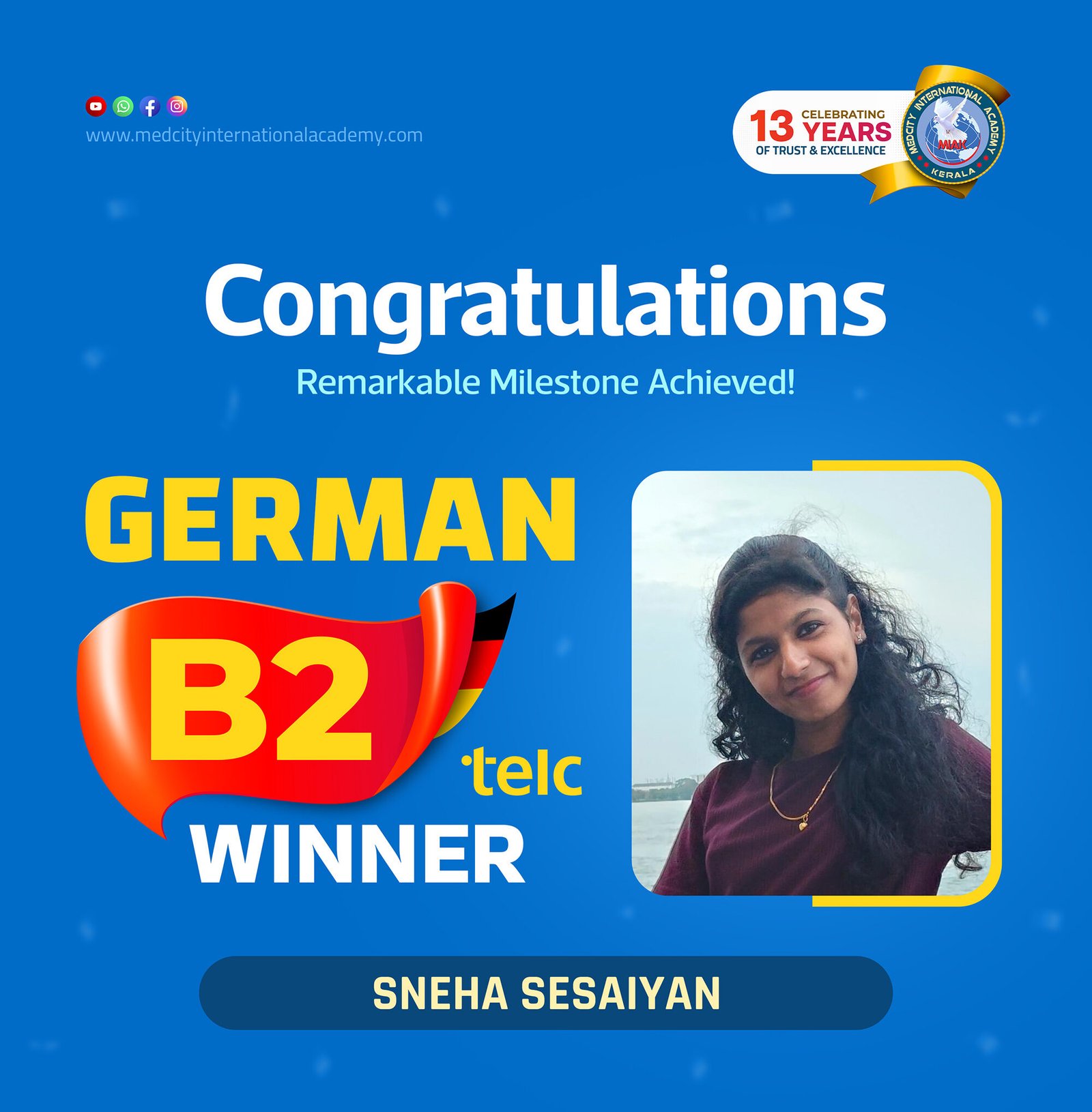 Medcity International Academy German B2 TELC success banner featuring Sneha Sesaiyan celebrating successful completion of the German B2 TELC Examination. The banner highlights expert German language training for students preparing for higher education, Ausbildung programs, nursing careers, and employment opportunities in Germany.