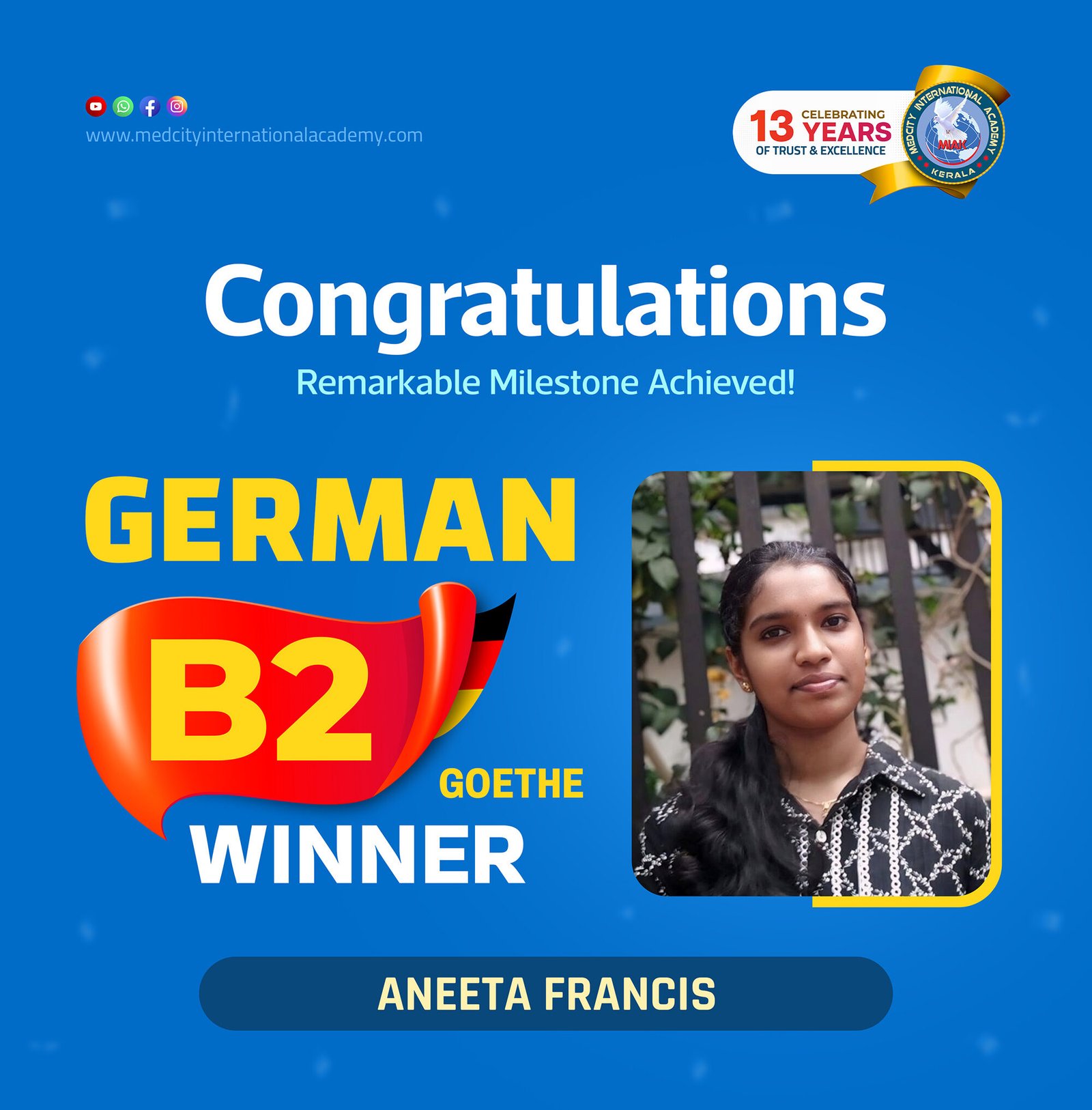 Medcity International Academy German B2 Goethe success banner featuring Aneeta Francis celebrating successful completion of the German B2 Goethe Examination. The banner highlights expert German language training for students preparing for higher education, Ausbildung programs, nursing careers, and employment opportunities in Germany.