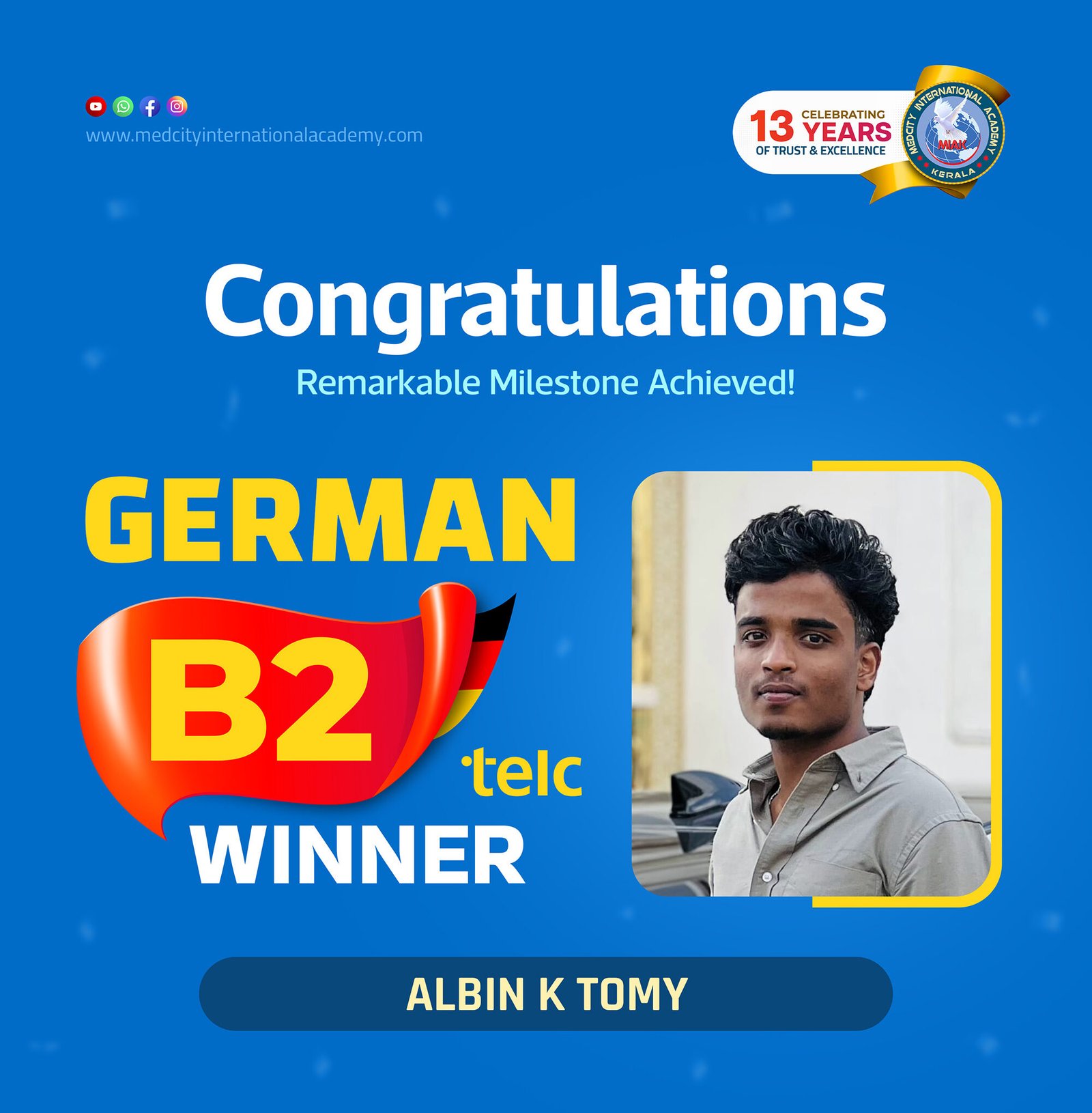 Medcity International Academy German B2 TELC success banner featuring Albin K Tomy celebrating successful completion of the German B2 TELC Examination. The banner highlights expert German language training for students preparing for higher education, Ausbildung programs, nursing careers, and employment opportunities in Germany.