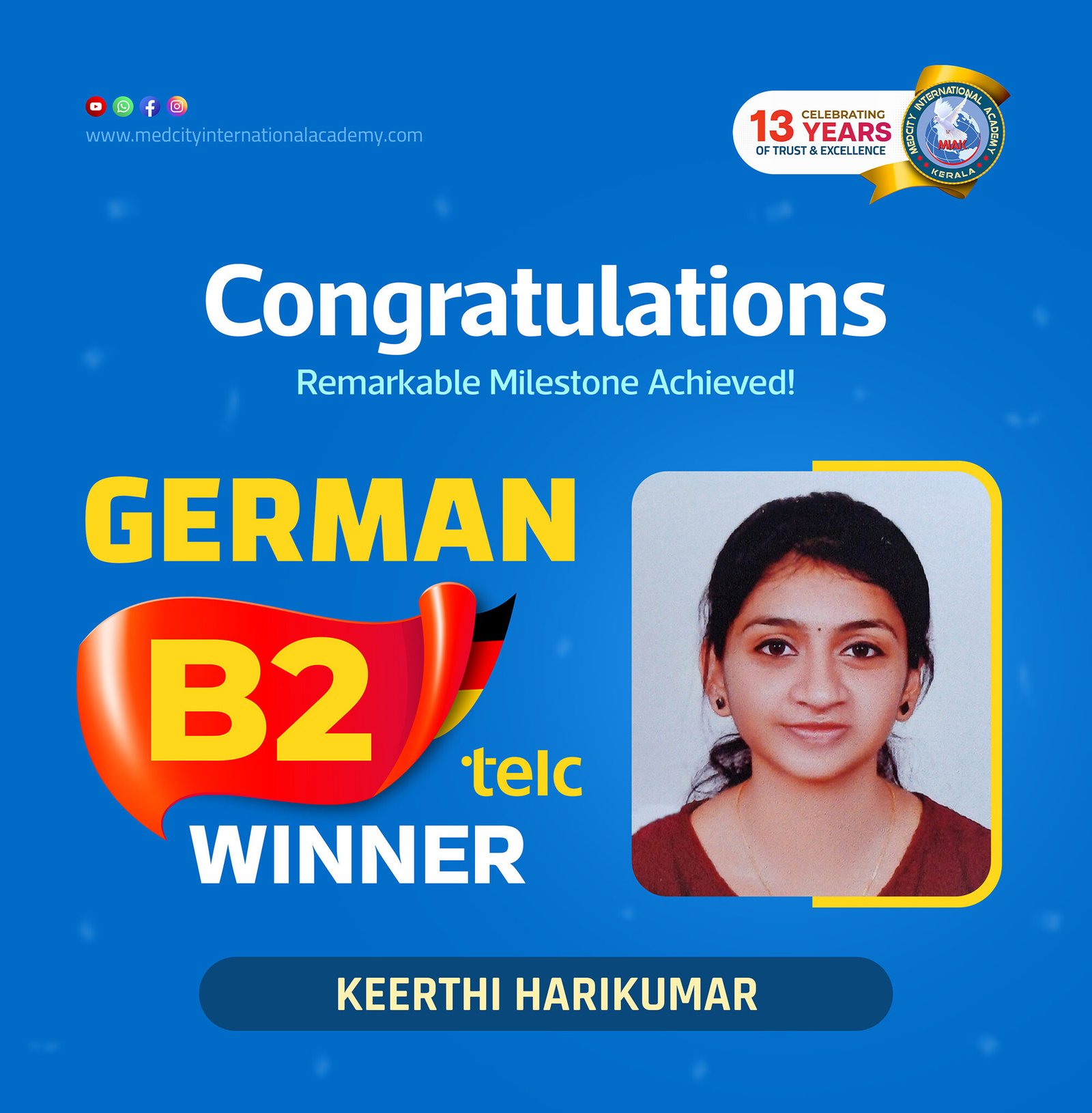 Medcity International Academy German B2 TELC success banner featuring Keerthi Harikumar celebrating successful completion of the German B2 TELC Examination. The banner highlights expert German language training for students preparing for higher education, Ausbildung programs, nursing careers, and employment opportunities in Germany.