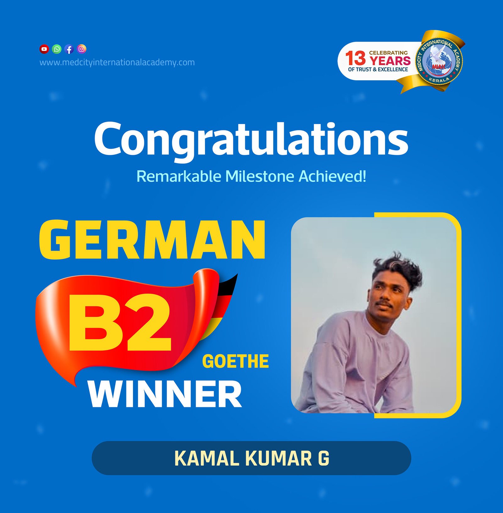 Medcity International Academy German B2 Goethe success banner featuring Kamal Kumar G celebrating successful completion of the German B2 Goethe Examination. The banner highlights expert German language training for students preparing for higher education, Ausbildung programs, nursing careers, and employment opportunities in Germany.