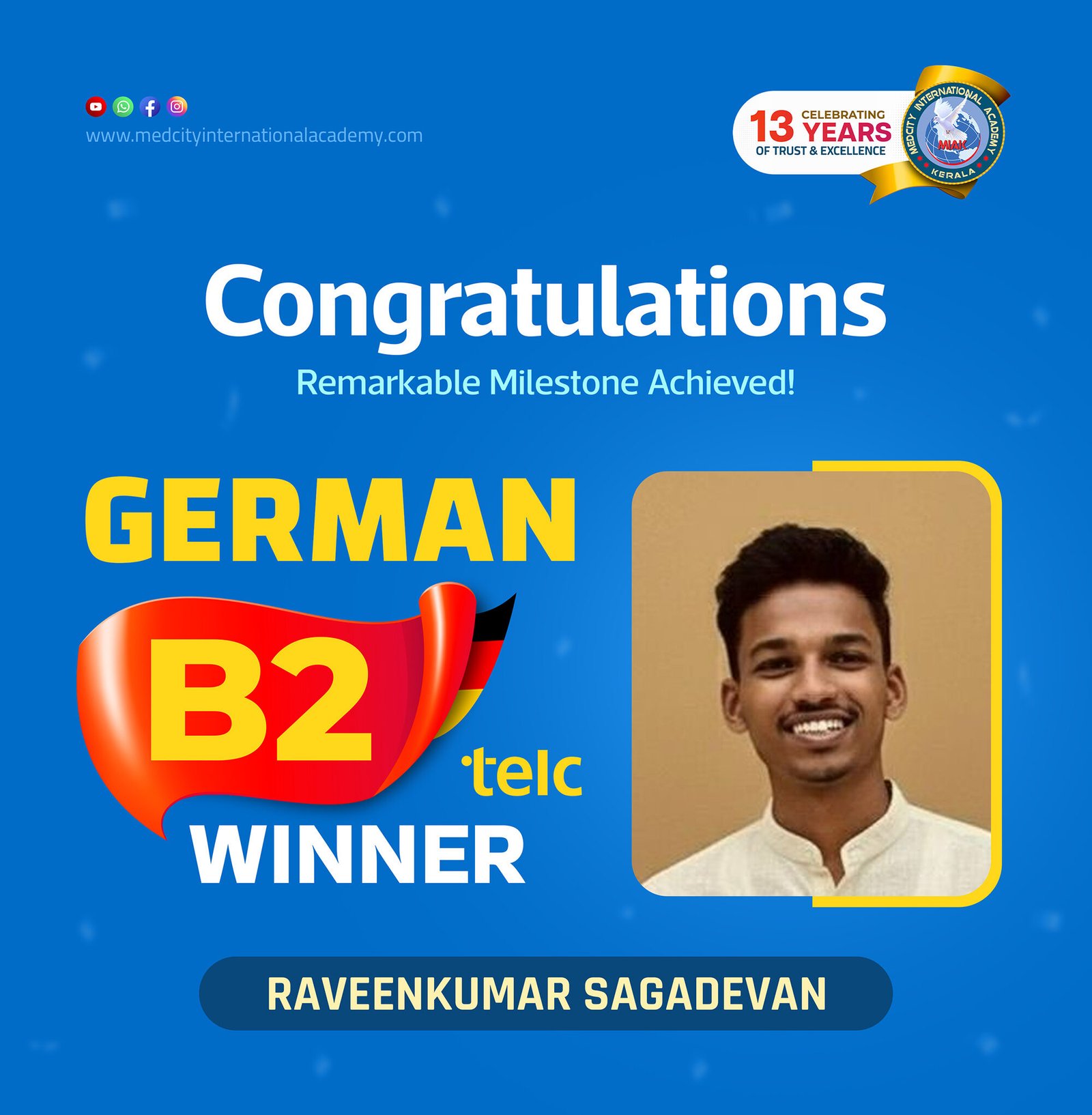 Medcity International Academy German B2 TELC success banner featuring Raveenkumar Sagadevan celebrating successful completion of the German B2 TELC Examination. The banner highlights expert German language training for students preparing for higher education, Ausbildung programs, nursing careers, and employment opportunities in Germany.