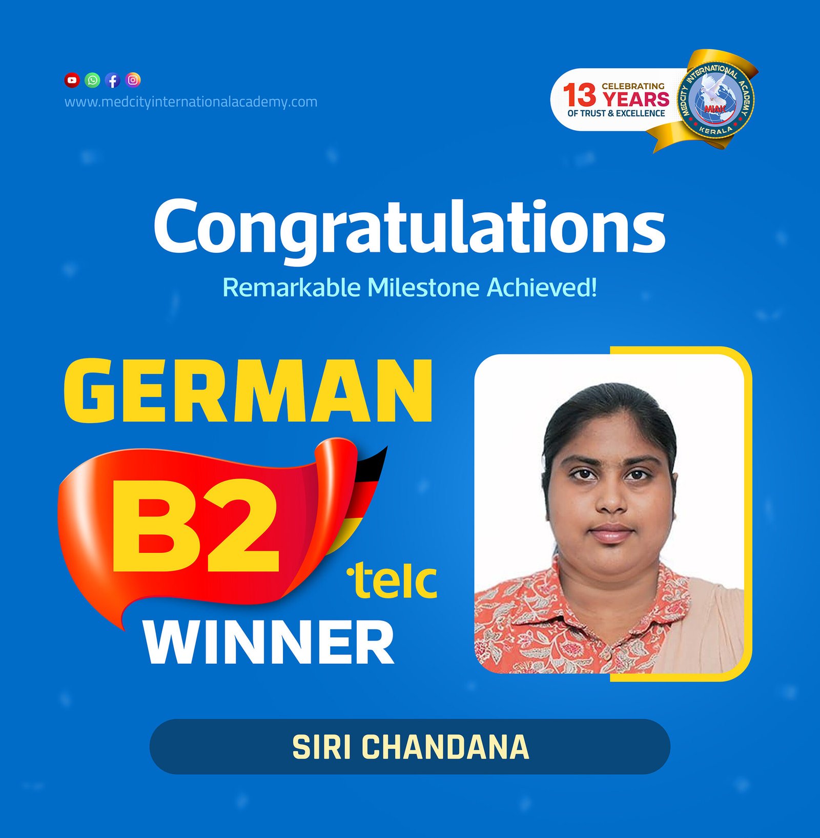 Medcity International Academy German B2 TELC success banner featuring Siri Chandana celebrating successful completion of the German B2 TELC Examination. The banner highlights expert German language training for students preparing for higher education, Ausbildung programs, nursing careers, and employment opportunities in Germany.