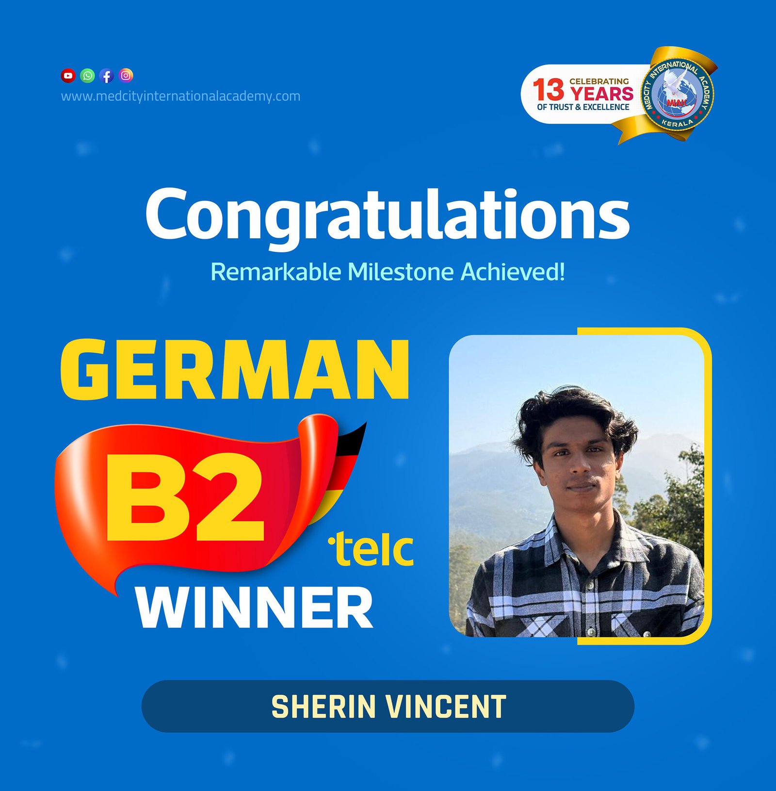 Medcity International Academy German B2 TELC success banner featuring Sherin Vincent celebrating successful completion of the German B2 TELC Examination. The banner highlights expert German language training for students preparing for higher education, Ausbildung programs, nursing careers, and employment opportunities in Germany.