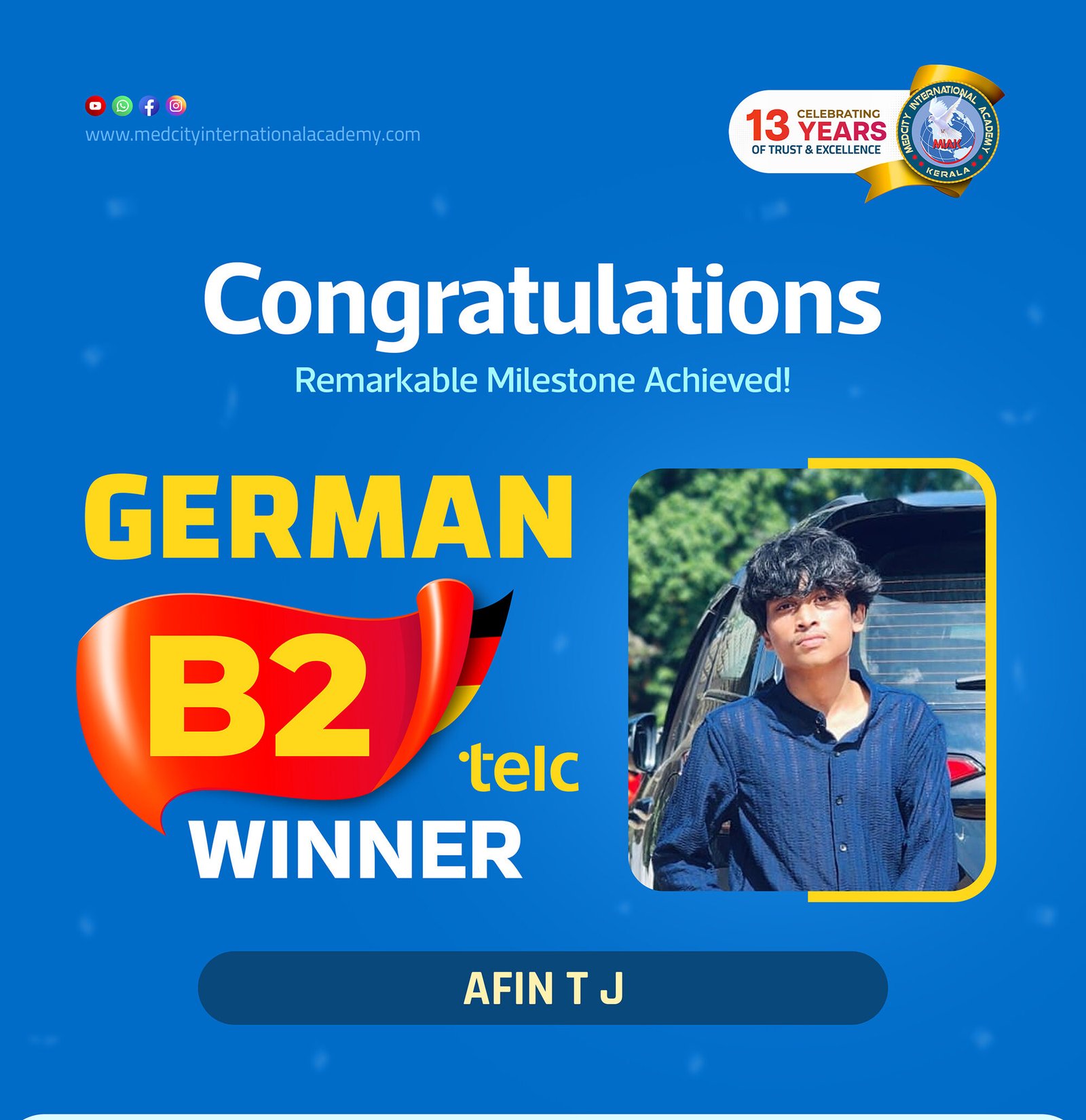 Medcity International Academy German B2 TELC success banner featuring Afin T J celebrating successful completion of the German B2 TELC Examination. The banner highlights expert German language training for students preparing for higher education, Ausbildung programs, nursing careers, and employment opportunities in Germany.