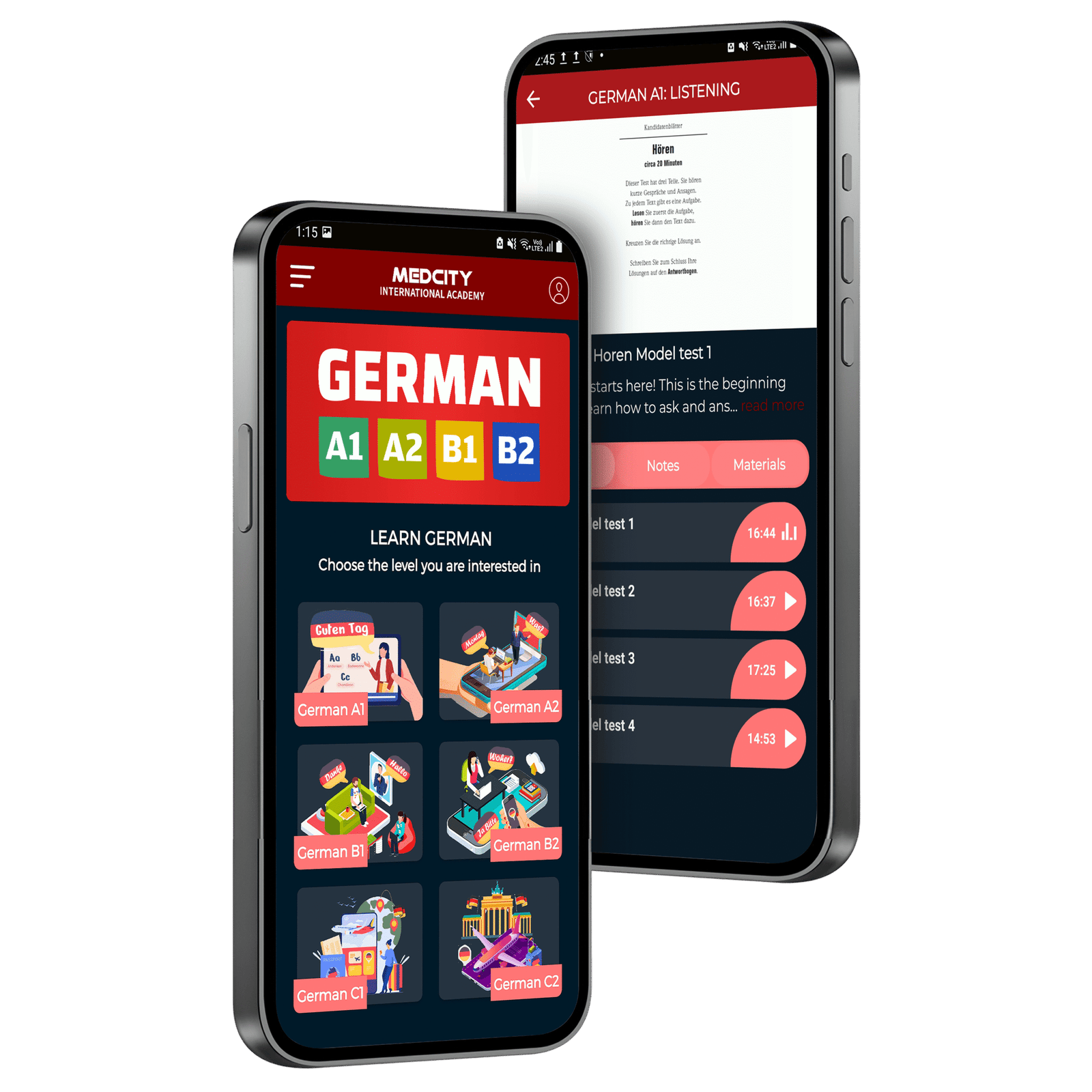Smartphone mockup displaying the Medcity German Learning App with German language courses from A1 to C2, interactive lessons, listening practice, study materials, and self-paced learning for students preparing to study or work in Germany.